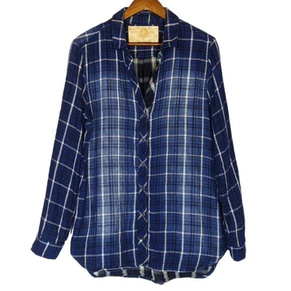 Bella Dahl Tops - Bella Dahl Distressed Flannel Button Down Up Long Contrasting Blue Black Plaid L